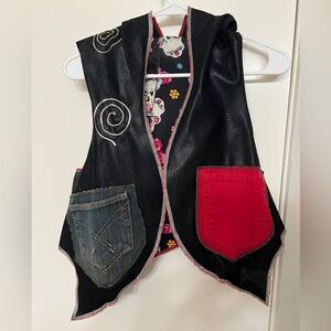 Handmade Leather Festival Hooded Vest with Red and Denim Pockets- M/L